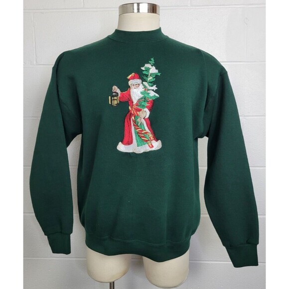Fruit of the Loom Other - Vintage Fruit of the Loom Green Embroidered Santa Claus Christmas Sweatshirt‎ XL